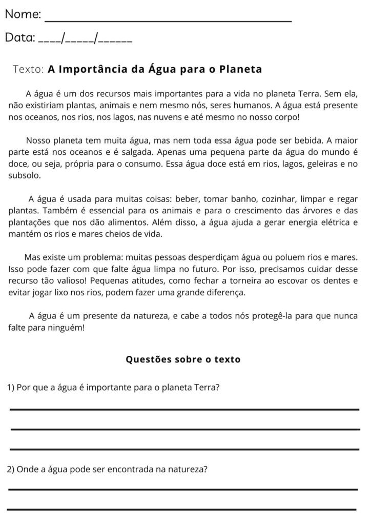 Atividade Dia da Água interpretação de texto 