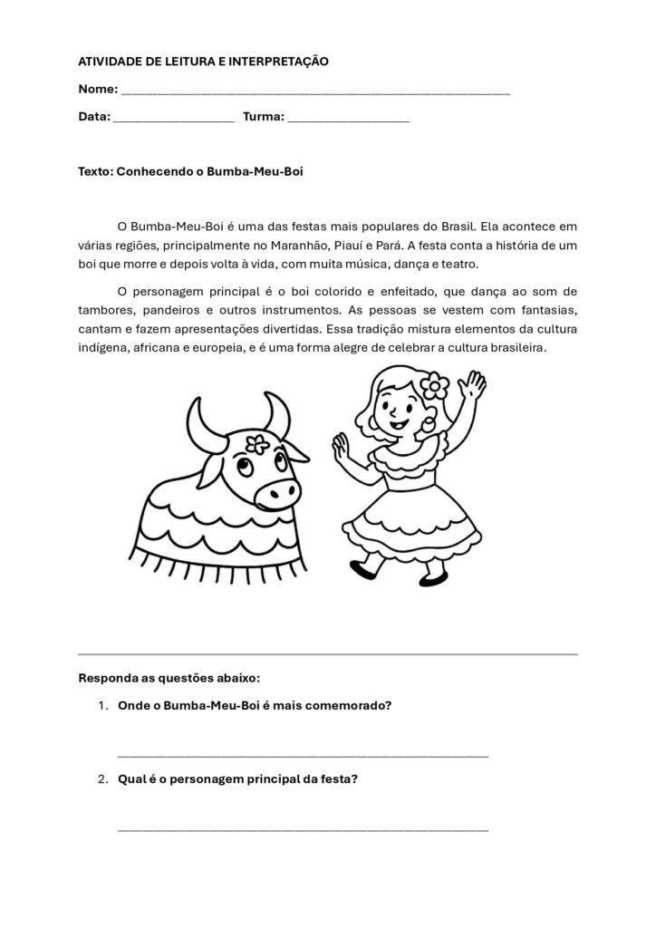 Atividade Bumba-Meu-Boi Leitura e Interpretação