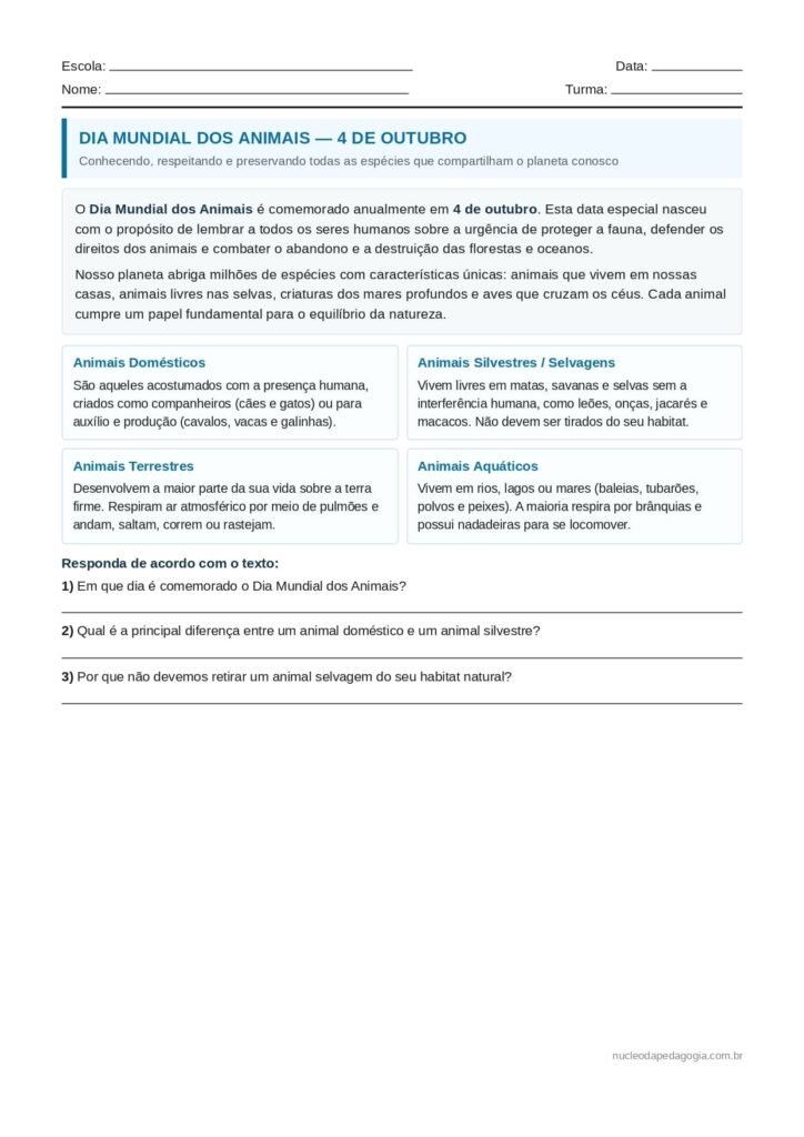 Atividades Dia dos Animais para imprimir