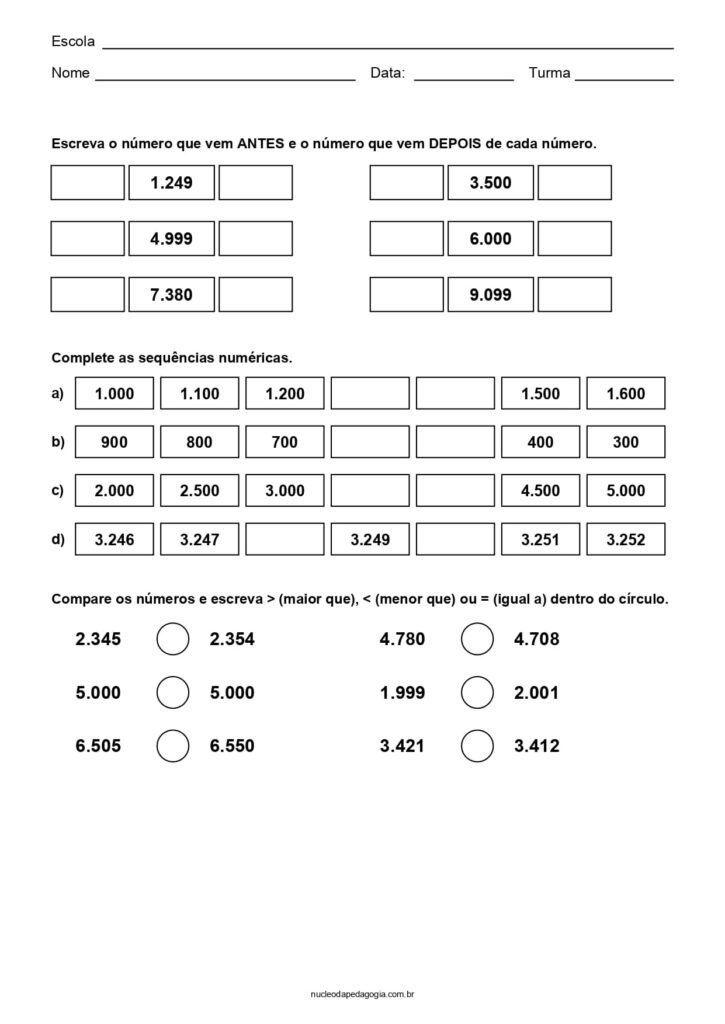 Atividades de Matemática para o 3º ano para imprimir 