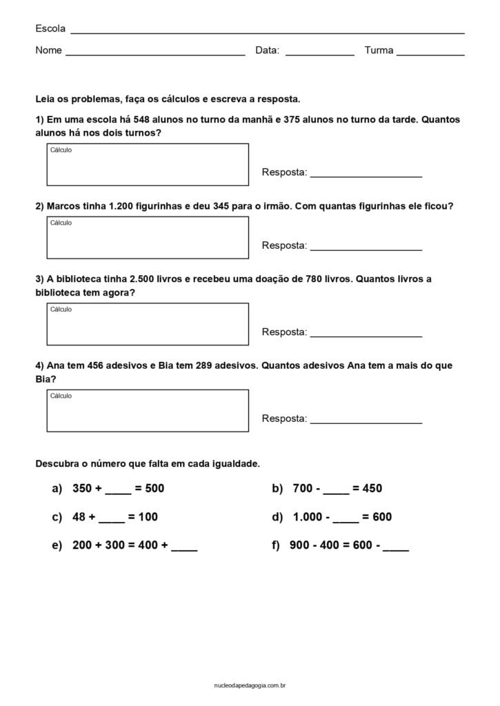 Atividades de Matemática para o 3º ano para imprimir 