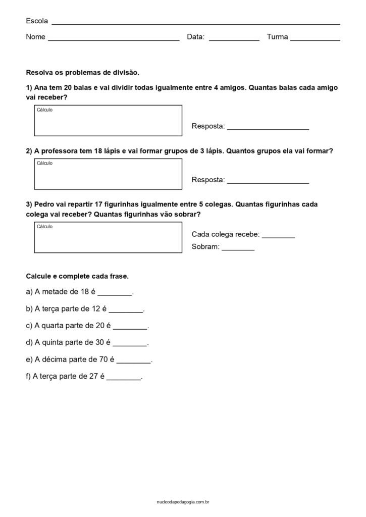 Atividades de Matemática para o 3º ano para imprimir 
