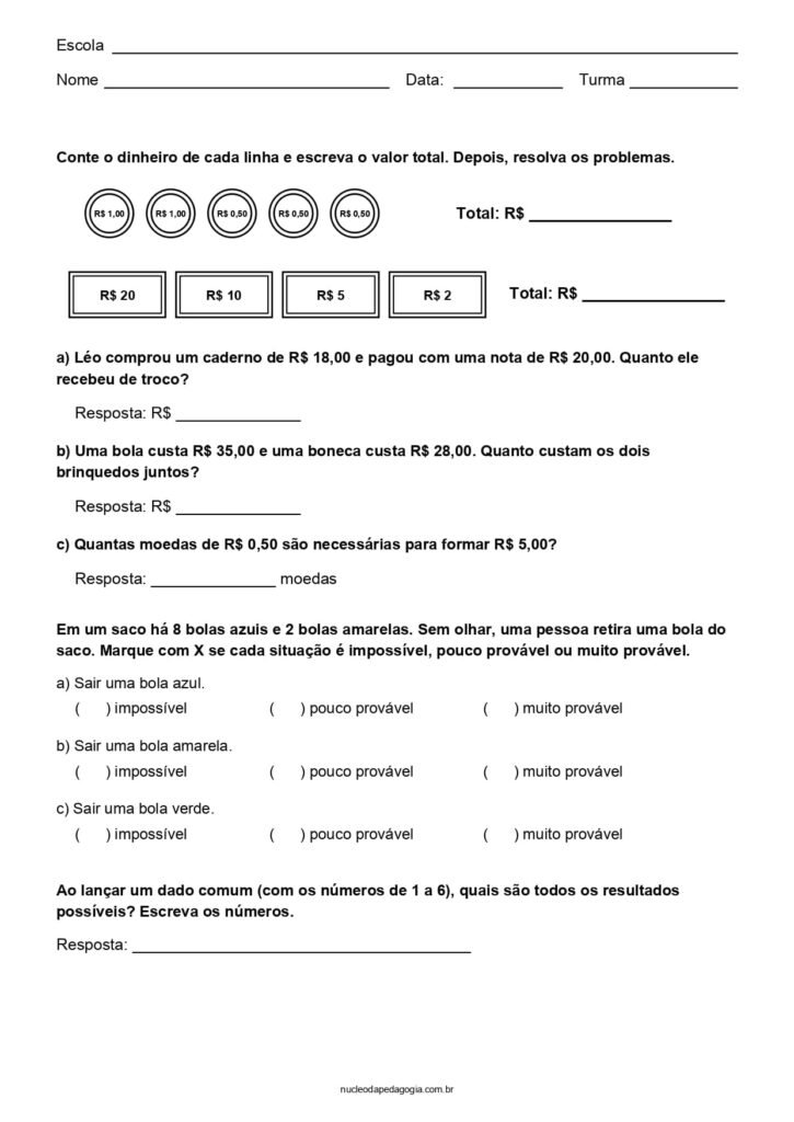 Atividades de Matemática para o 3º ano para imprimir 