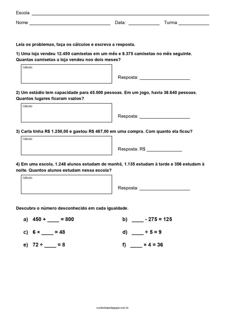 Matemática 4° ano para imprimir 