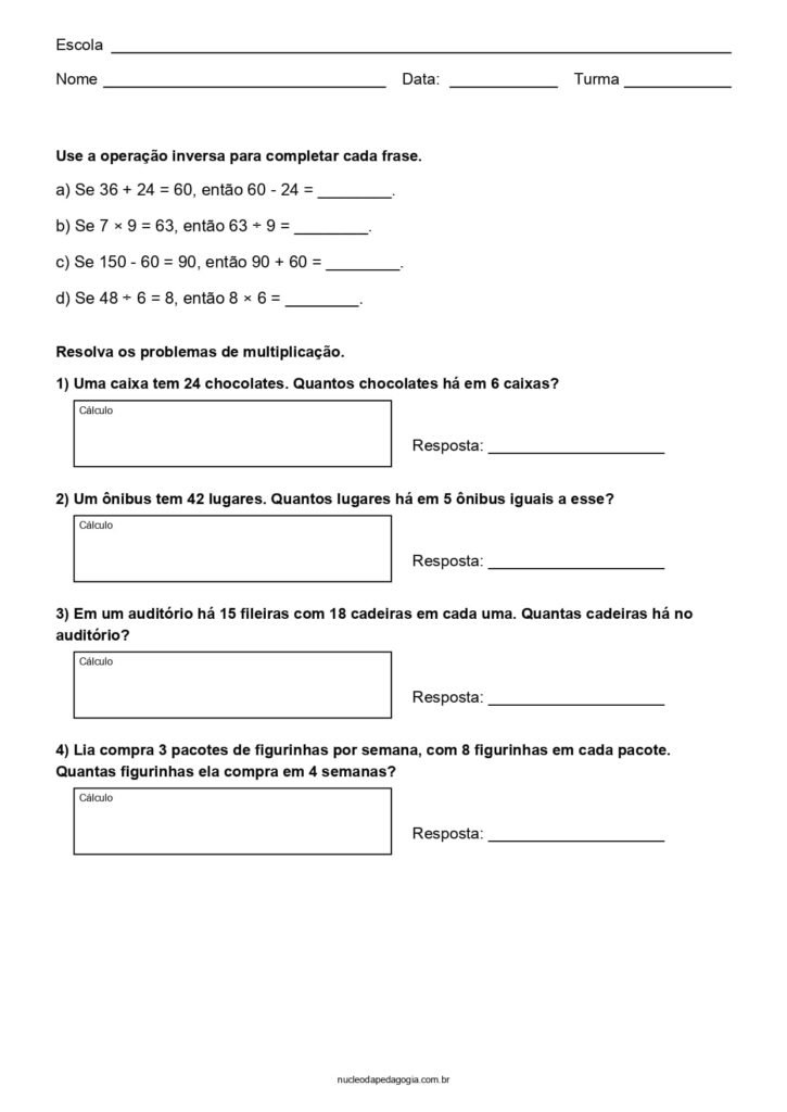 Matemática 4° ano para imprimir 