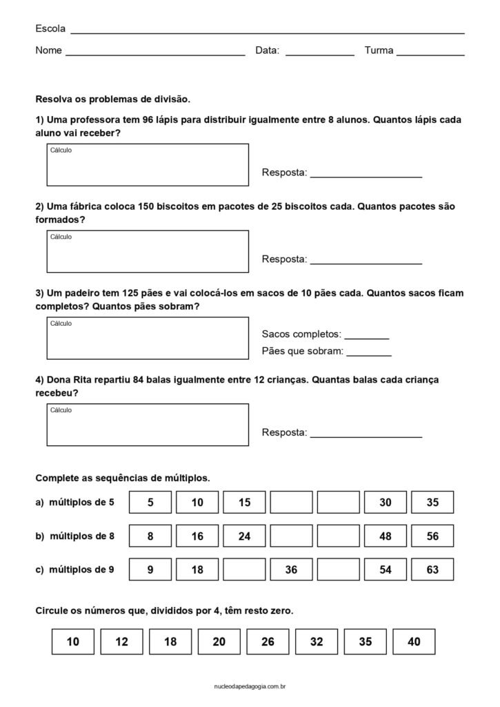 Matemática 4° ano para imprimir 