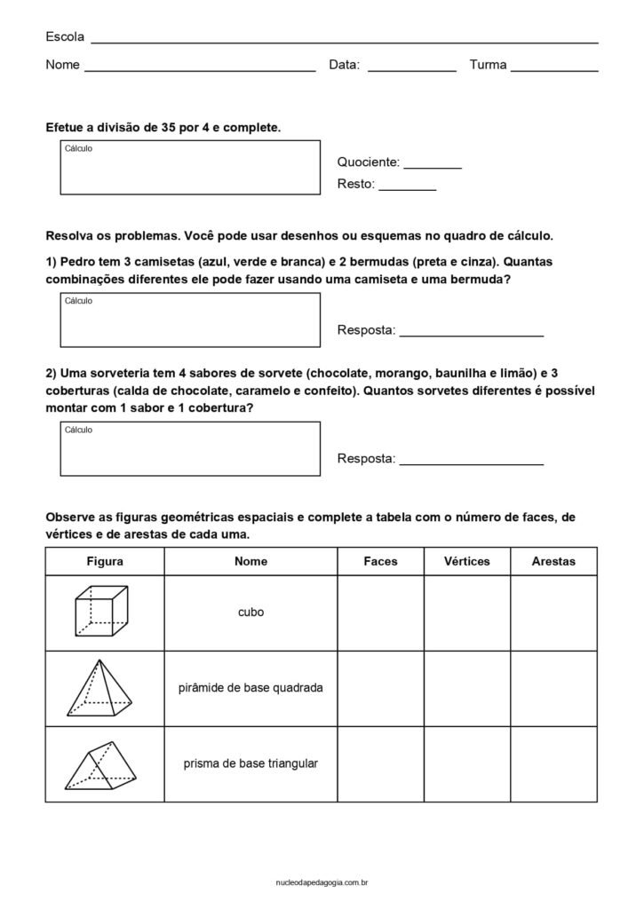 Matemática 4° ano para imprimir 