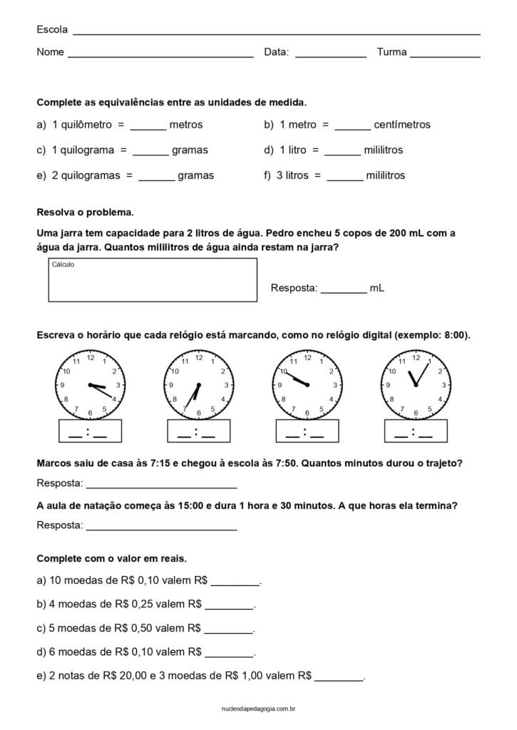 Matemática 4° ano para imprimir 