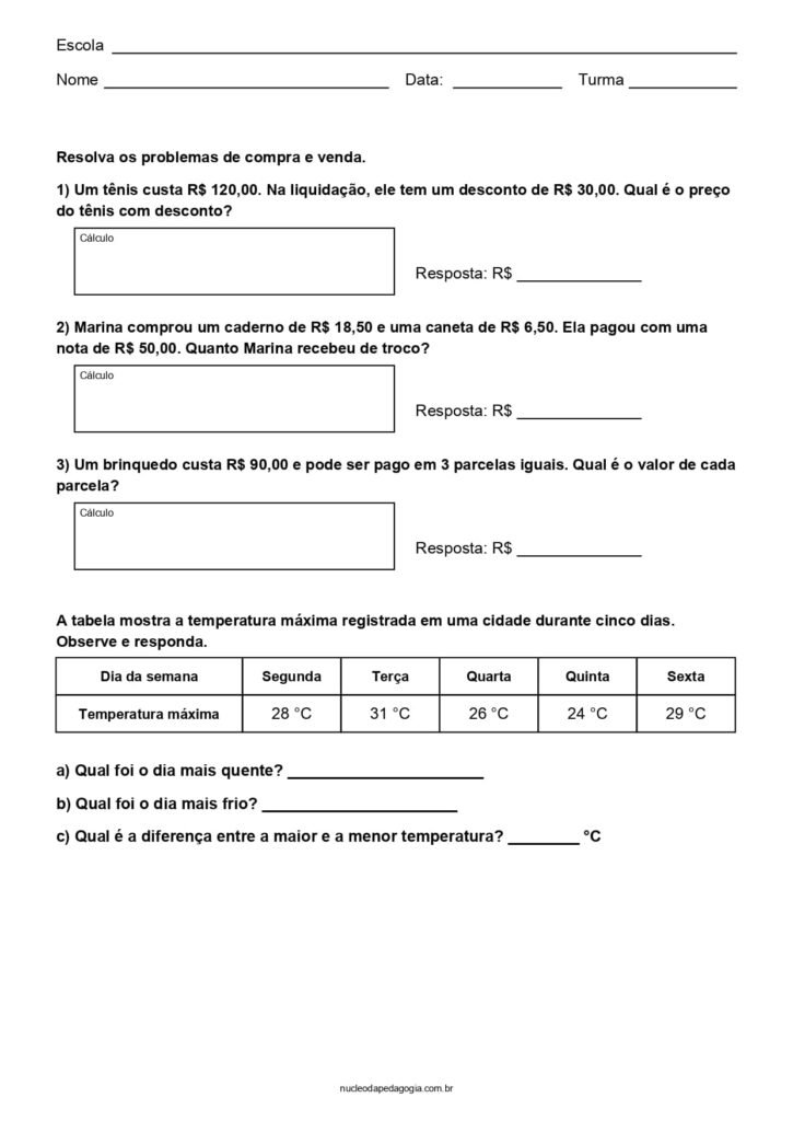 Matemática 4° ano para imprimir 
