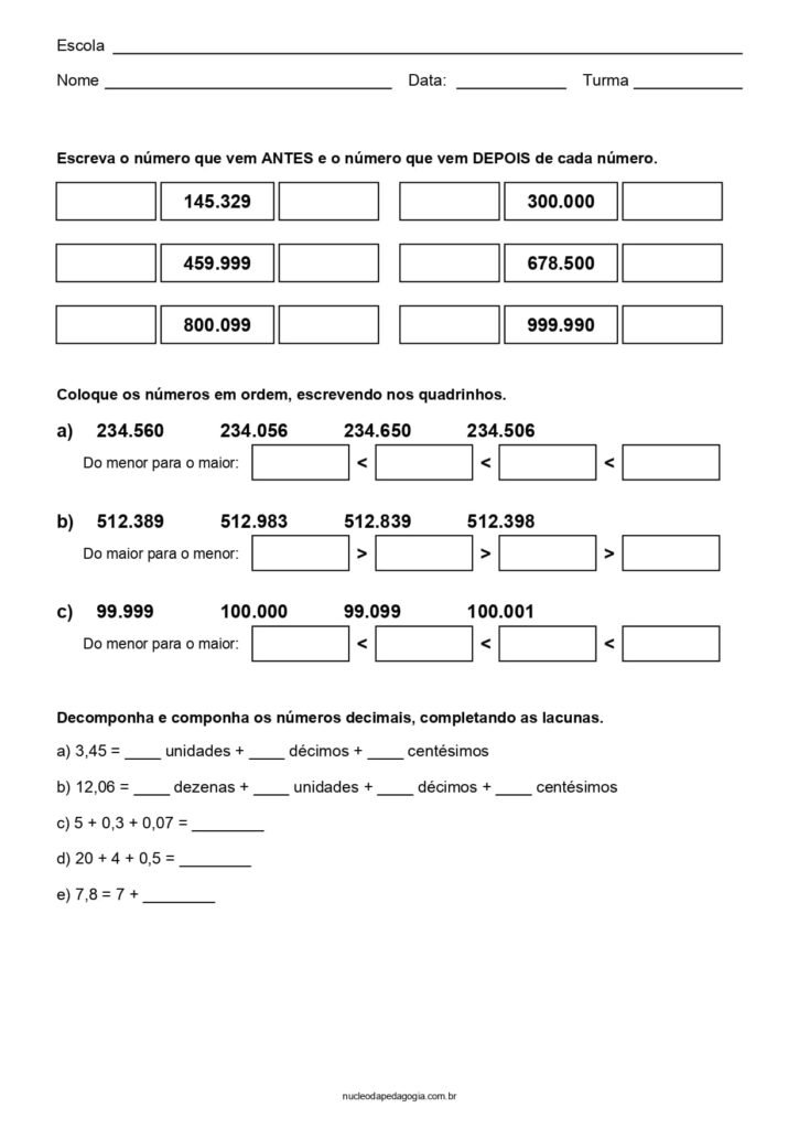 Matemática para o 5º ano para imprimir 