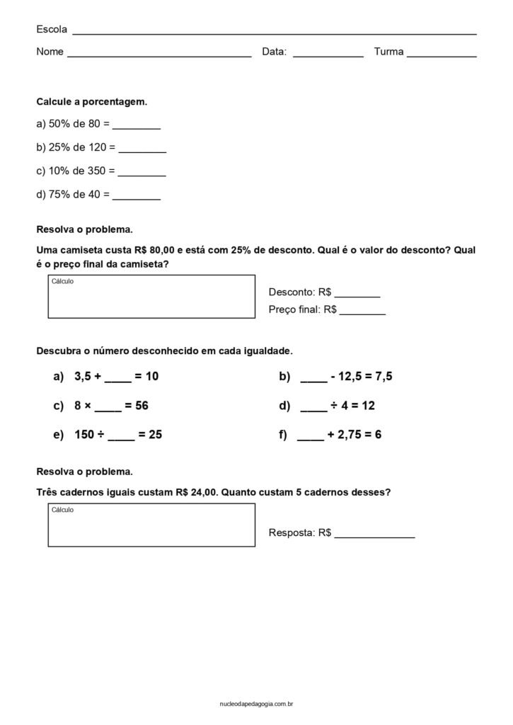 Matemática para o 5º ano para imprimir 