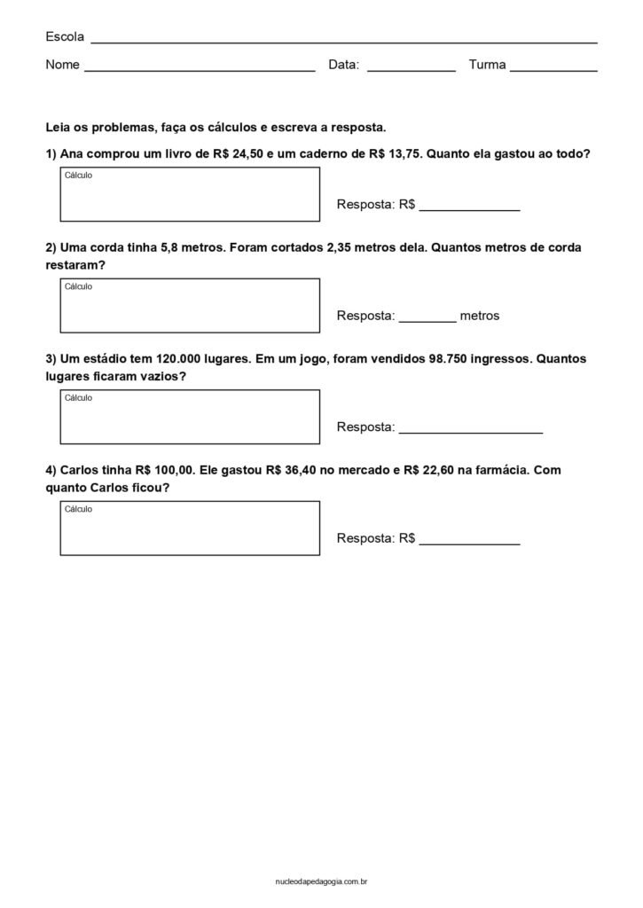 Matemática para o 5º ano para imprimir 