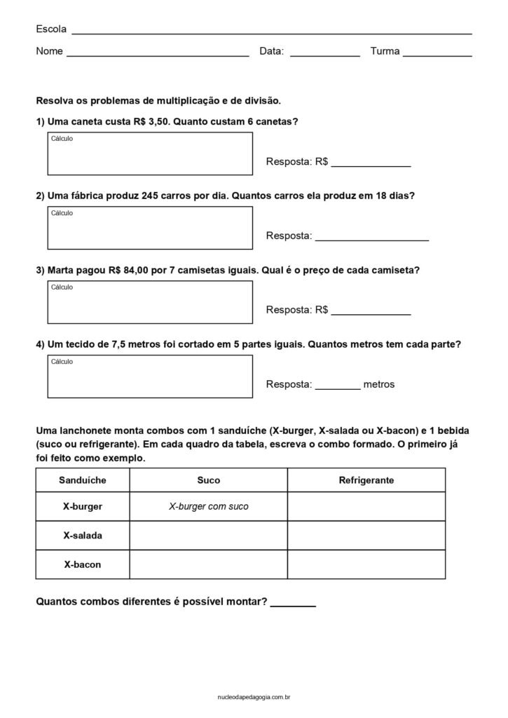 Matemática para o 5º ano para imprimir 