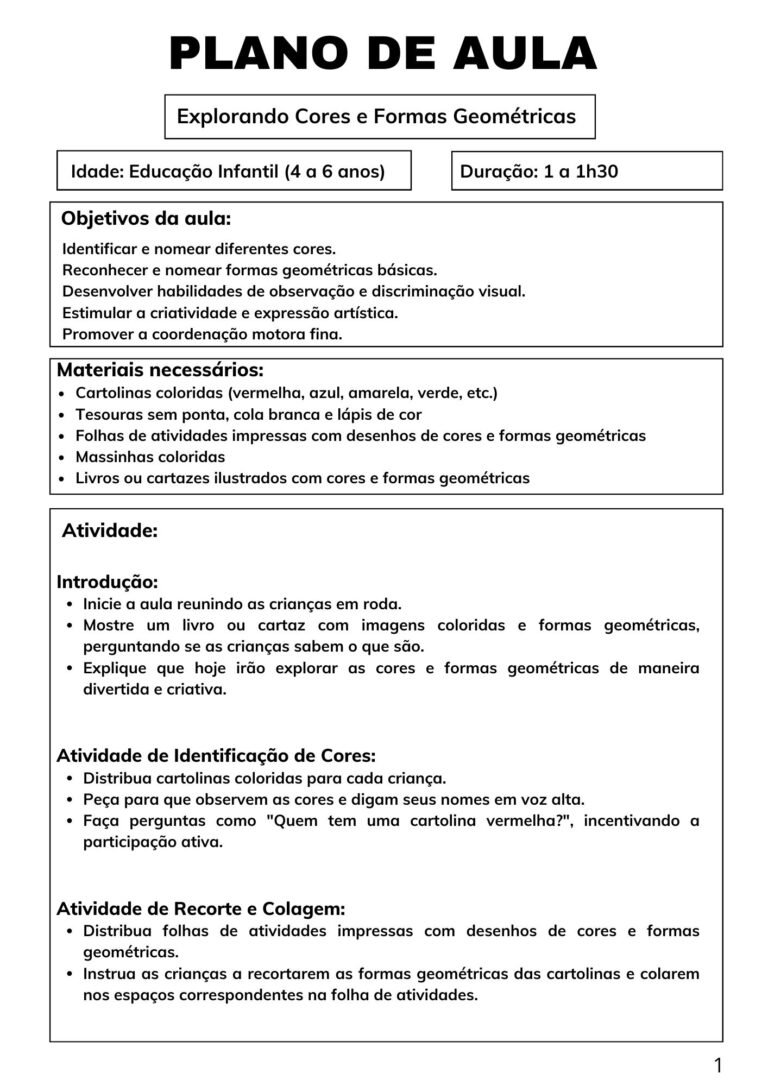 Plano De Aula Com Atividades Envolvendo Cores E Formas Geom Tricas Na