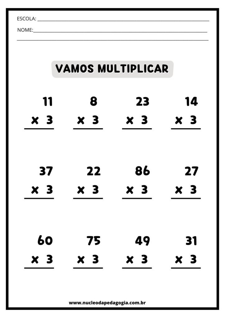 5 Folhas de Exercícios - Contas de Multiplicar da tabuada de 2 a 5