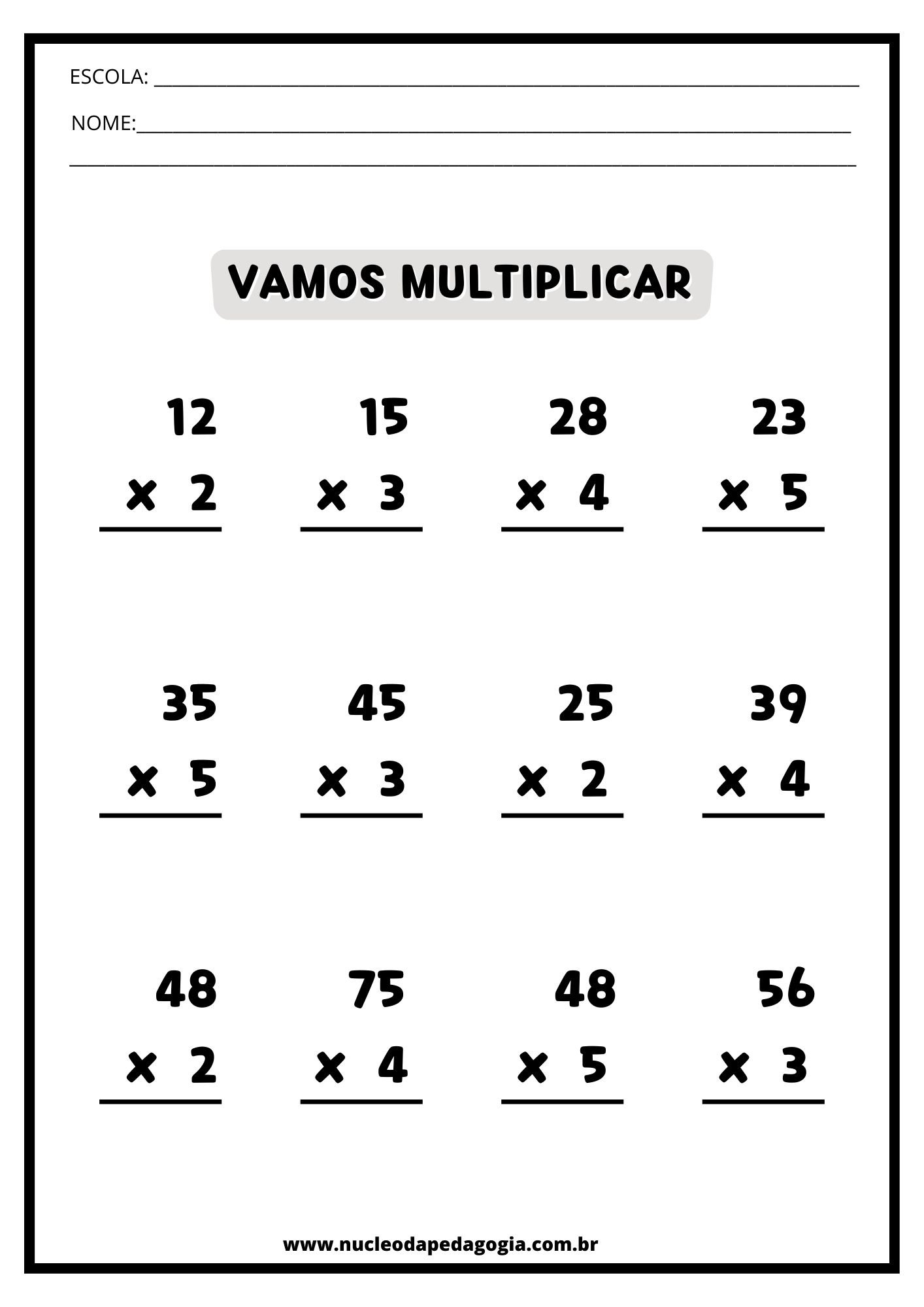 5 Folhas De Exercícios - Contas De Multiplicar Da Tabuada De 2 A 5