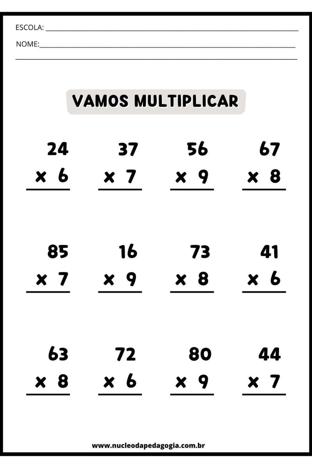 5 Folhas de Exercícios – Contas de Multiplicar da tabuada de 6 a 9